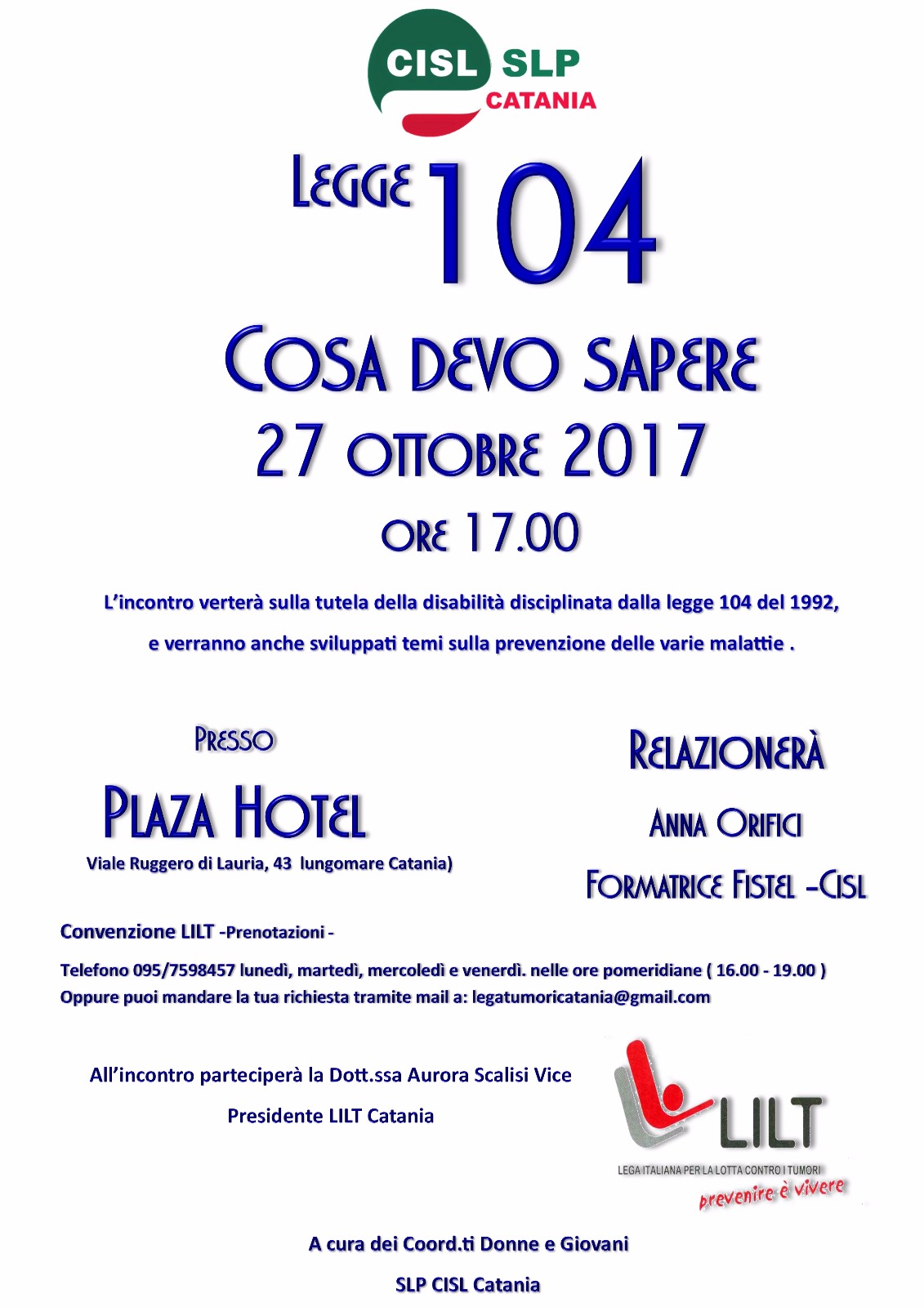 Locandina incontro Plaza Hotel Catania sulla legge 104 del 27 ottobre 2017